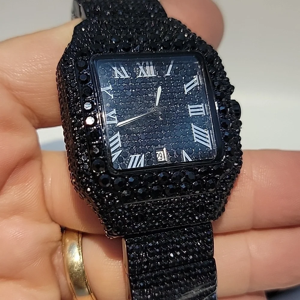 Blacked Out Square Mens Watch Pavé Crystals 41mm Roman Numerals Date Illuminated